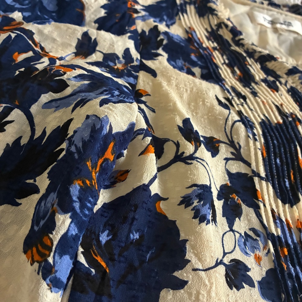 DVF Layla Shirt Dress Sz L Blue & Orange Floral Pintuck Boho Cottage Core - Picture 7 of 11
